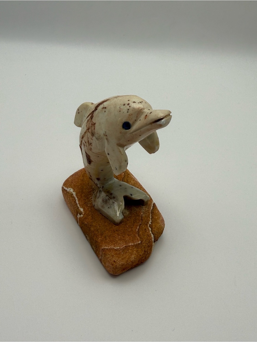 Hand Carved Dolphin Stone Figurine on Natural Rock Base Ocean Beach Decor